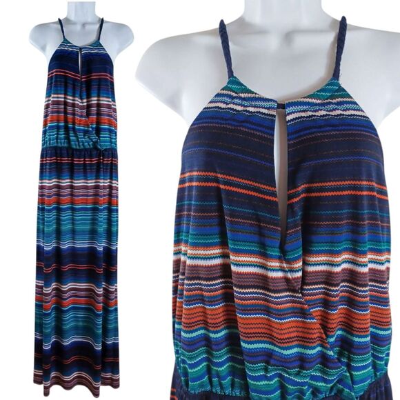 Bisou Maxi Long Dress Sz 14 Southwestern Stripe Boho Festival Halter Slit Bodice - Picture 2 of 8